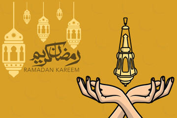 Ramadan Kareem greeting with Lantern Lamp in hand vector illustration. Islamic holiday icon concept. Ramadan lantern lamp and calligraphy icon design. Ramadan Kareem vector greeting card design.
