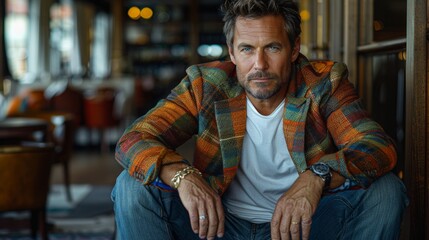 Fototapeta premium Stylish Man in Colorful Blazer and Casual Wear Generative AI