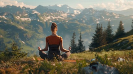 Woman practicing yoga in mountains, back view