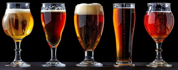 A diverse selection of beer glasses on a sleek black background. Concept Beer Glasses, Drinkware, Glassware Collection, Black Background, Diverse Selection - obrazy, fototapety, plakaty