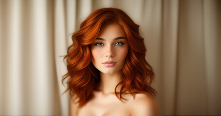 Beautiful ginger girl, closeup face. Beautiful brunette woman, portrait closeup. Face of young woman with blue eyes and wavy redhead hair. Beauty face. Model girl with curly hairstyle. Woman face. - 750855155