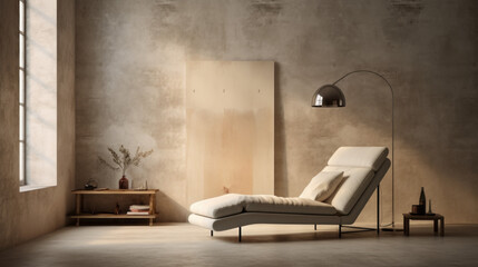 A modern living room with a textured wall finish, a standing lamp, and a chaise lounge