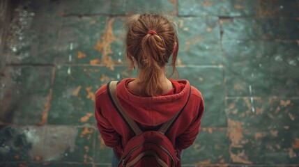 Obraz premium Backview of a Young Girl in Red Sweatshirt Generative AI