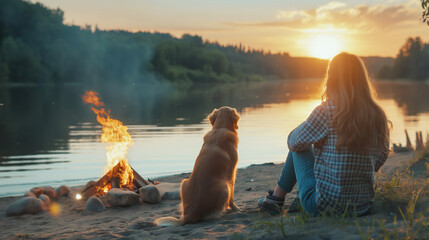 Back view of young woman and dog sitting by campfire on lake shore