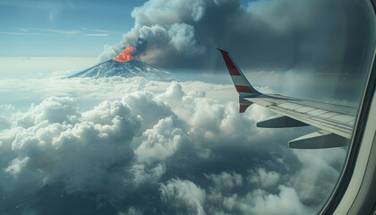 View from the airplane window to the wing of the airliner and the volcano with magma. - obrazy, fototapety, plakaty