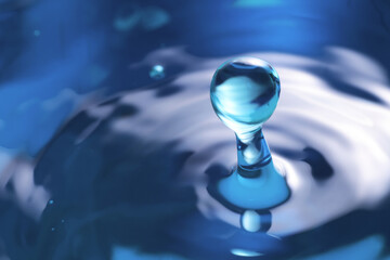 Splash of clear water with drop on blue background, closeup