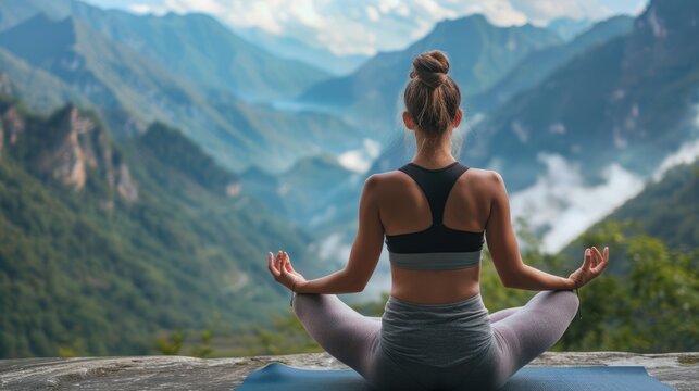 Woman practicing yoga in mountains, back view