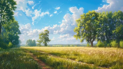 Fototapeta na wymiar vast fields, towering trees, and a clear blue sky.