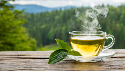 Green tea in glass cup with fresh tea leaves, relaxing forest view in the background. Healthy living and healthy eating concept
