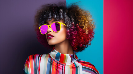 a woman with colorful hair and sunglasses