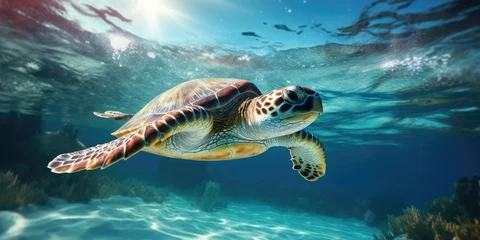 Fotobehang A majestic green turtle swimming in the ocean under the surface © Creative Canvas