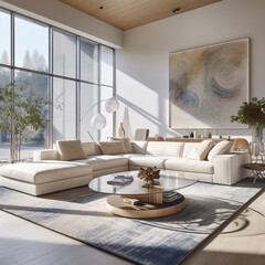 A modern living room with an oversized sectional, an accent chair, and an area rug