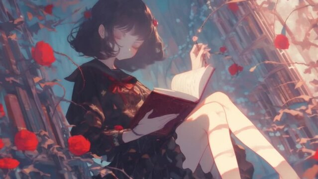 A girl is reading a book while surrounded by red flowers. The image has a romantic and peaceful mood, as the girl is sitting in a garden with a book in her lap. The red flowers add a touch of color