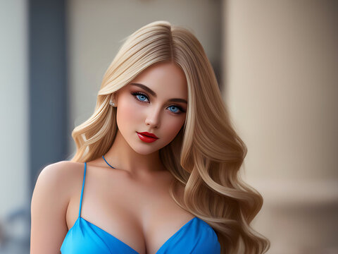Young blonde woman with long blonde hair and blue eyes. Sexy and gorgeous blonde woman. Portrait of an blonde female model. Closeup face of beautiful girl with natural makeup. Beauty Blue eyes.