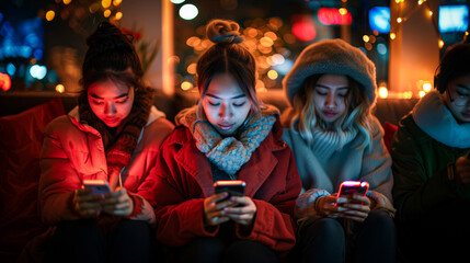 A group of young Asian women sitting together on sofa at living room, looking down and holding their phones to use social media - obrazy, fototapety, plakaty