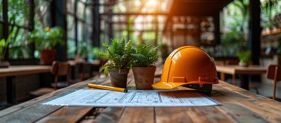 a yellow hard hat and plant on a table - obrazy, fototapety, plakaty