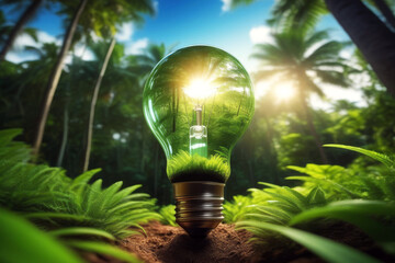 Green Nature located inside and over the Light bulb. Renewable Energy Environmental Protection. Ecology concept