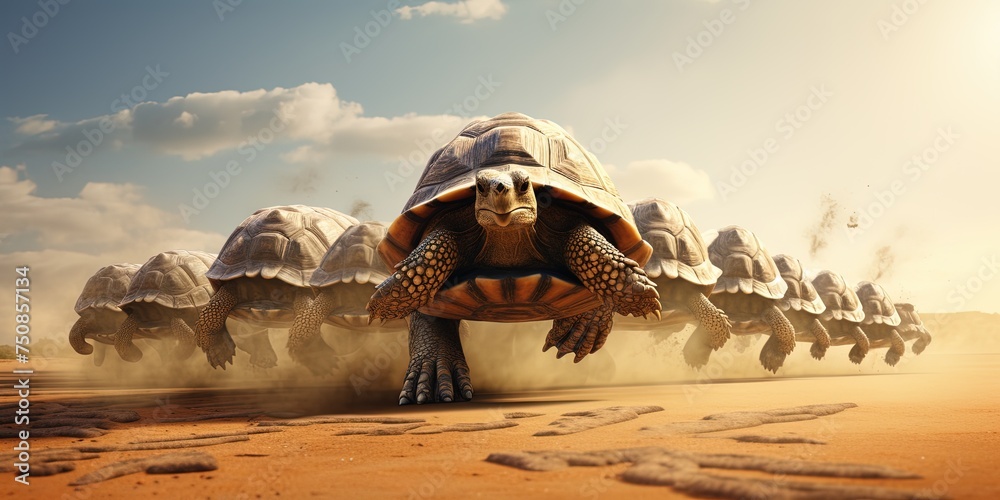 Wall mural Turtle running in a race leading a large group of rabbits, in strategy and determination concept