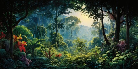  A vibrant and lush rainforest canopy, with a diverse array of plant life and wildlife hidden...