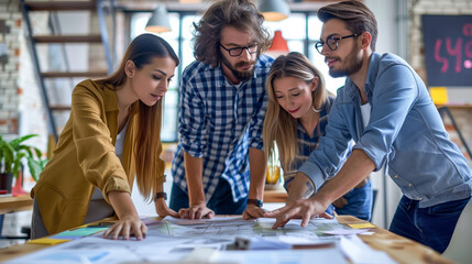 A group of four young people in casual , working together on an architectural project plan, standing around the table with blueprints and paper drawings