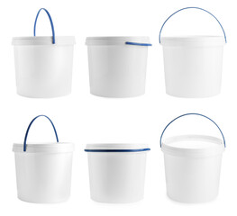 Plastic buckets with lids isolated on white, set