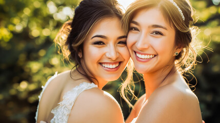 A close-up portrait of happy bride and bride friend hugging and smiling at the camera
