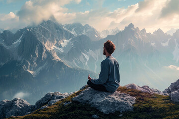 mental health and meditation. young man meditating while sitting in lotus position high in the mountains - Powered by Adobe