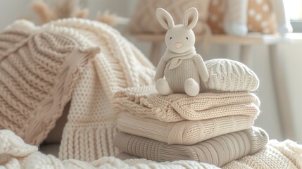 Pile of baby jersey sweaters and textile in beige pastel colors and cute bunny toy.