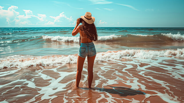 Back view of A beautiful woman standing on the beach taking pictures of a beautiful sea view, travel concept