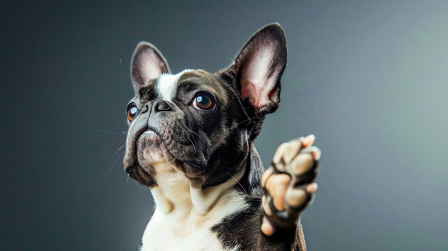 a little french bulldog pointing her paw at the camera on black background