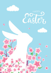 Happy Easter. Greeting cards or posters with bunny, spring flowers and handwritten text. Egg hunt poster template. Spring background, vector illustration