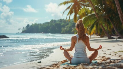 Fototapeta na wymiar woman practicing yoga on the beach, back view