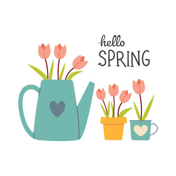Spring flowers and tulips. Spring stickers collection. Hello spring quotes. Floral springtime hand drawn prints design. Positive phrases for stickers, postcards or posters. Watering can with flowers