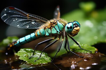 Dragonfly in close-up, dew in the wings, radiant nature., generative IA