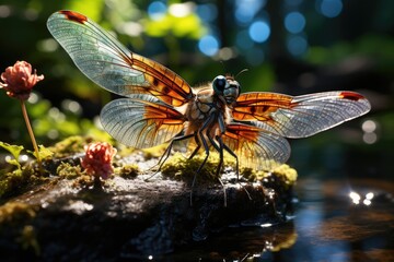 Elegant dragonfly on sunny summer stream., generative IA