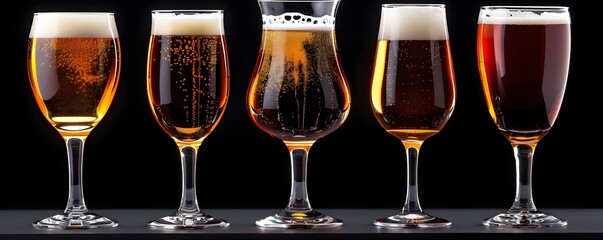 A diverse selection of beer glasses with different types of beer displayed on a sleek black background. Concept Beer Glasses, Variety of Beers, Black Background, Diverse Selection