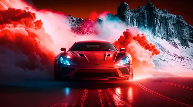 red sport car With billowing smoke and fire in the background videos