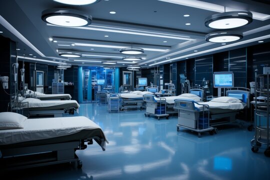 High quality image of heart transplant operating room with medical equipment and surgeons in action