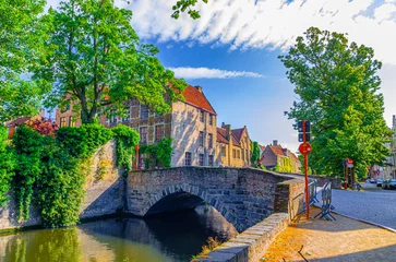 Fototapeten Bruges cityscape, Meebrug stone bridge across Groenerei Green water Canal with green trees and plants, embankment in Brugge old town district, medieval houses in Bruges city historic centre, Belgium © Aliaksandr
