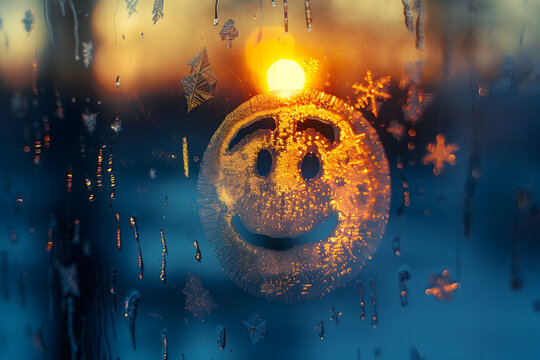 Frosty smiley face drawn on a window with sunrise in the background and ice crystals forming. Fun memoji. Positive and good mood. The concept of optimism
