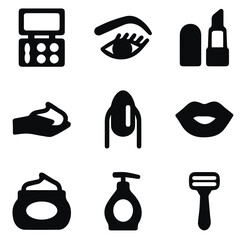 Beauty makeup self care female icons set vector