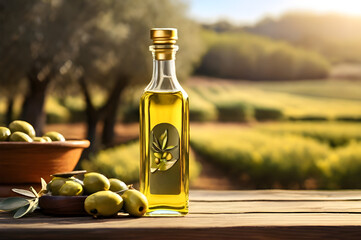 Glass bottle of Extra virgin olive oil on wooden table in a rural olive field with sunset...