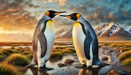 Poster King Penguin (Aptenodytes patagonicus) Chicks in Creche in the rain.  © blackdiamond67