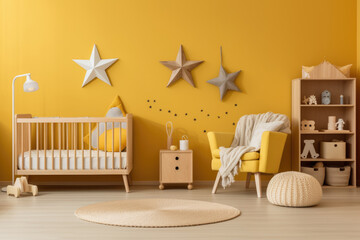 A bright and welcoming nursery with a Scandinavian touch, featuring yellow and grey walls, star decorations, and cozy, modern furnishings