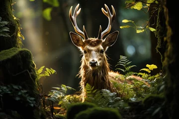 Tuinposter Majestic deer in the forest landscape., generative IA © JONATAS