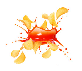 Potato chips with splashes of tomato sauce in the air close up isolated on a white background