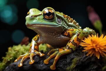 Frog interacts with children in educational terrarium., generative IA - obrazy, fototapety, plakaty