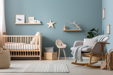 A modern Scandinavian baby room featuring a wooden crib, rocking chair, decorative shelves, and soft textiles against a calming blue background