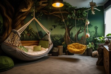 A serene and inviting children's bedroom with a detailed jungle mural, featuring two hammocks, plush seating, and rich plant life accents