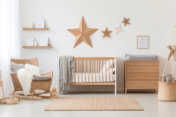 A tranquil Scandinavian nursery featuring a mix of wooden and wicker furniture, soft textiles, and star decorations on a clean, white background - obrazy, fototapety, plakaty